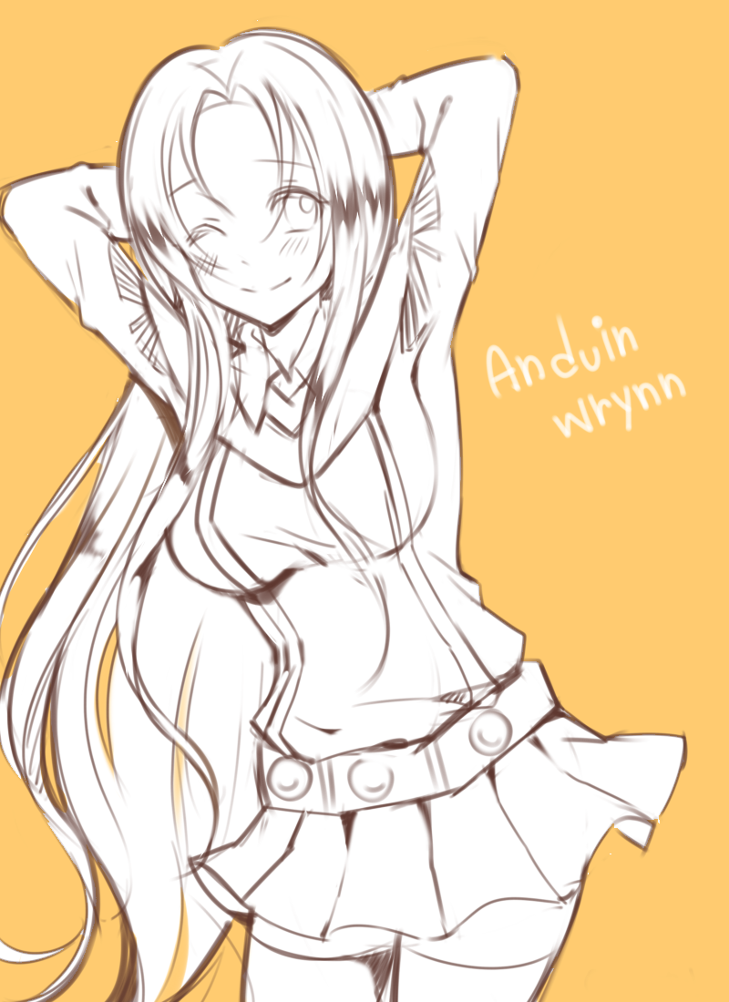 1girl, anduin_wrynn, arms_behind_head, breasts, character_name, genderswap, genderswap_(mtf), lineart