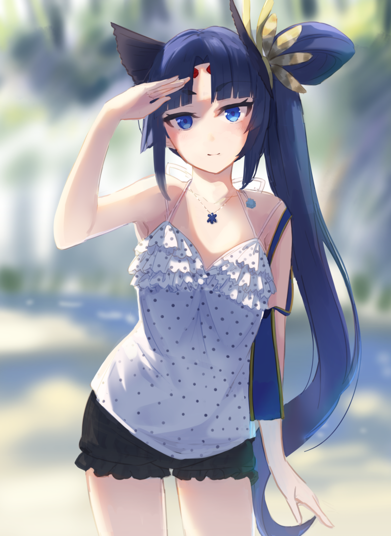 1girl, akame_(akamiru), alternate_costume, bare_shoulders, black_hair, blue_eyes, casual, fate/grand_order