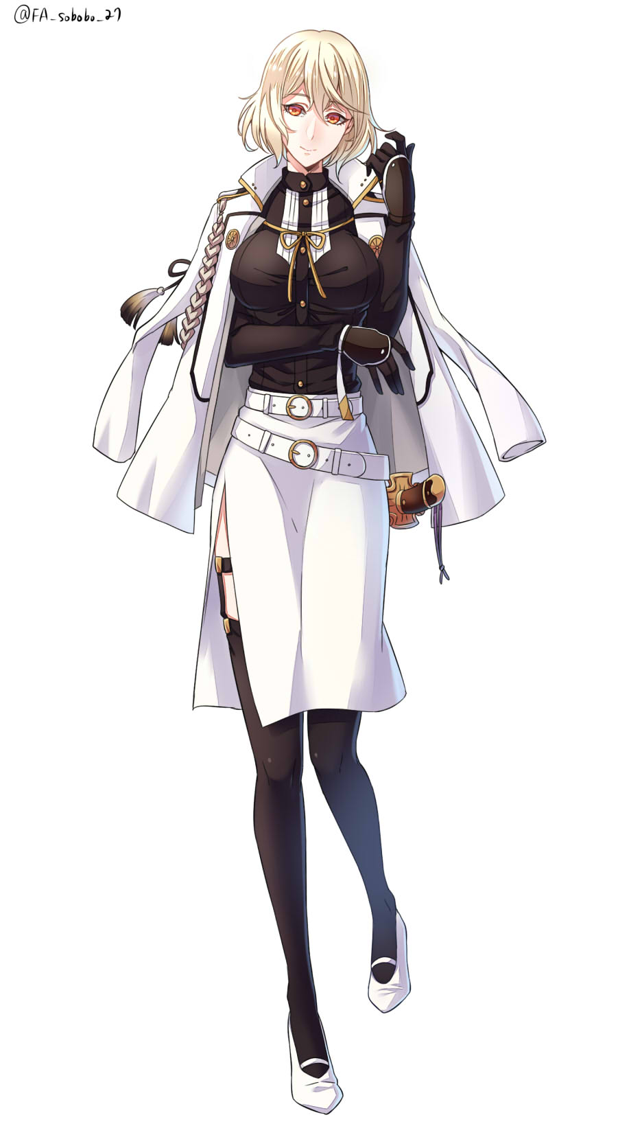 1girl, belt, black_gloves, black_legwear, blonde_hair, braid, breasts, closed_mouth