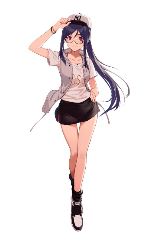 1girl, adjusting_clothes, adjusting_hat, baseball_cap, bespectacled, blue_hair, bracelet, full_body