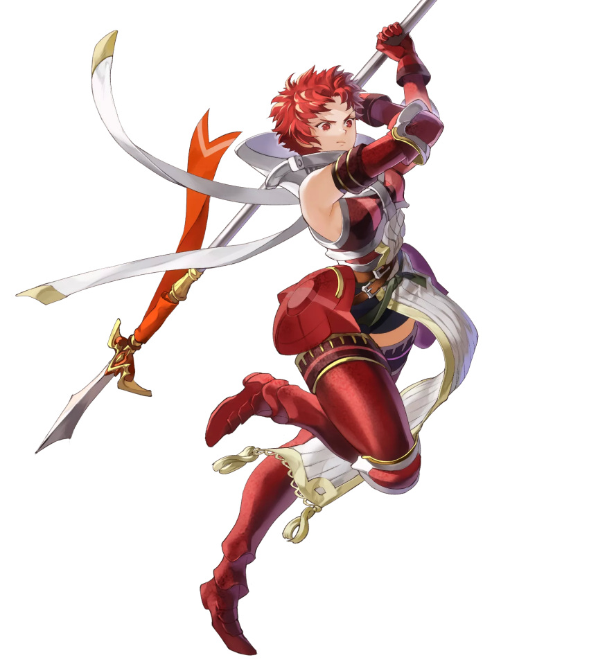 1girl, armor, armored_boots, boots, fire_emblem, fire_emblem:_kakusei, fire_emblem_heroes, full_body, gauntlets, highres, holding, holding_weapon, lance, leg_up, mayo_(becky2006), official_art, pelvic_curtain, polearm, red_eyes, redhead, serious, short_hair, soiree, soiree_(fire_emblem), solo, standing, transparent_background, weapon
