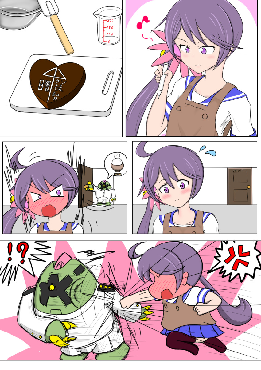 !?, 1girl, ahoge, ai_ai_gasa, akebono_(kantai_collection), anger_vein, apron, artist_request