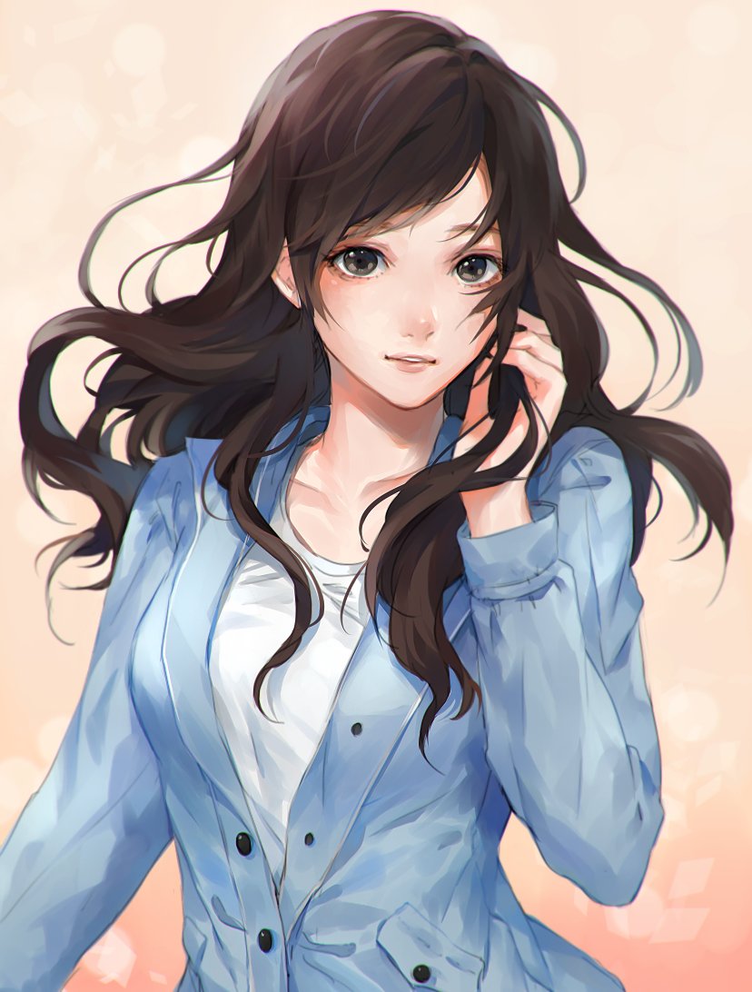 1girl, arm_up, black_eyes, black_hair, blue_jacket, breasts, business_suit, buttons