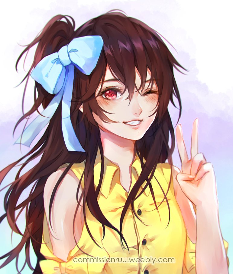 1girl, arm_up, artist_name, blue_bow, blush, bow, buttons, collared_shirt