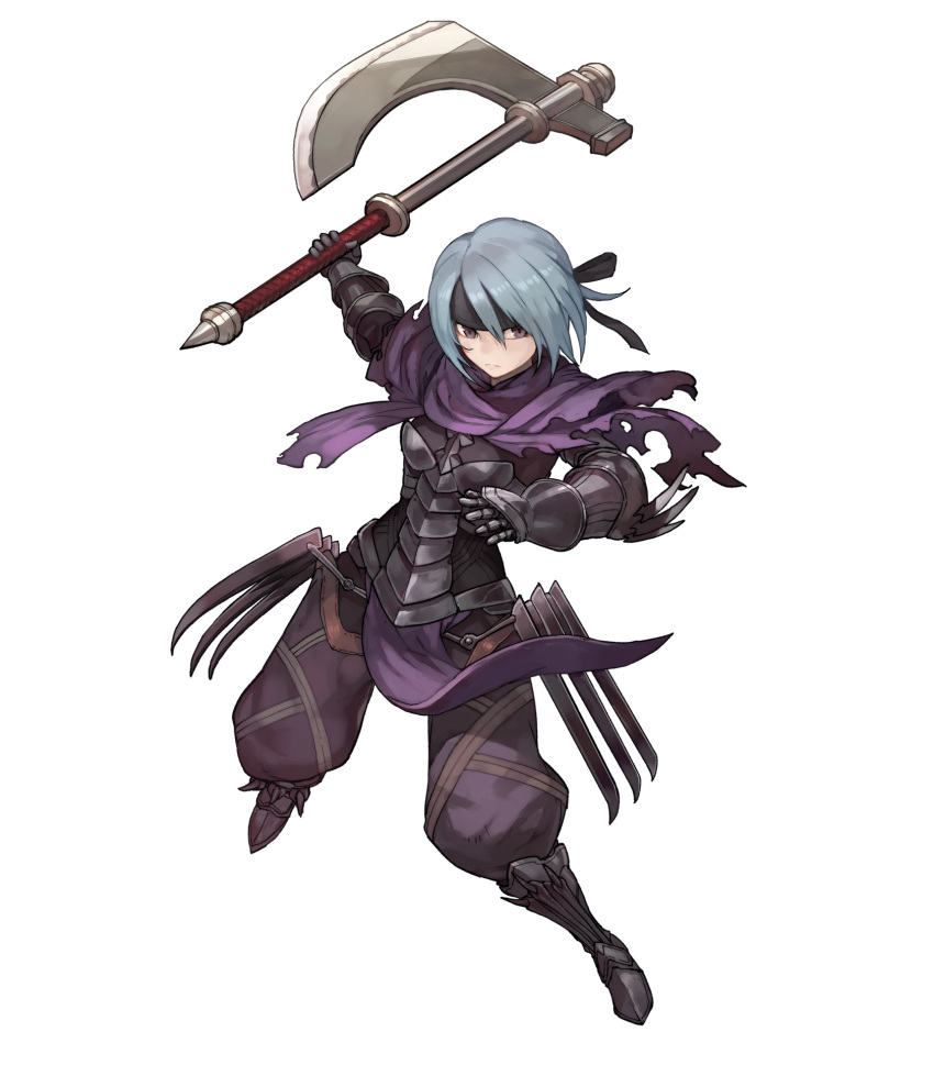armor, armored_boots, axe, belka_(fire_emblem_if), black_eyes, blue_hair, boots, capelet