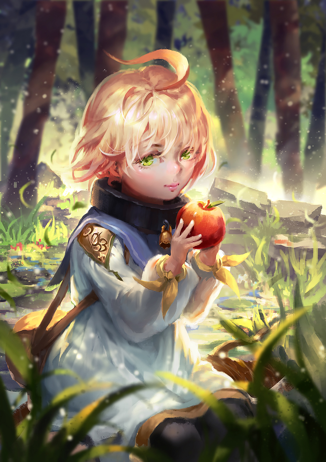 1boy, ahoge, apple, blonde_hair, food, fruit, green_eyes, highres