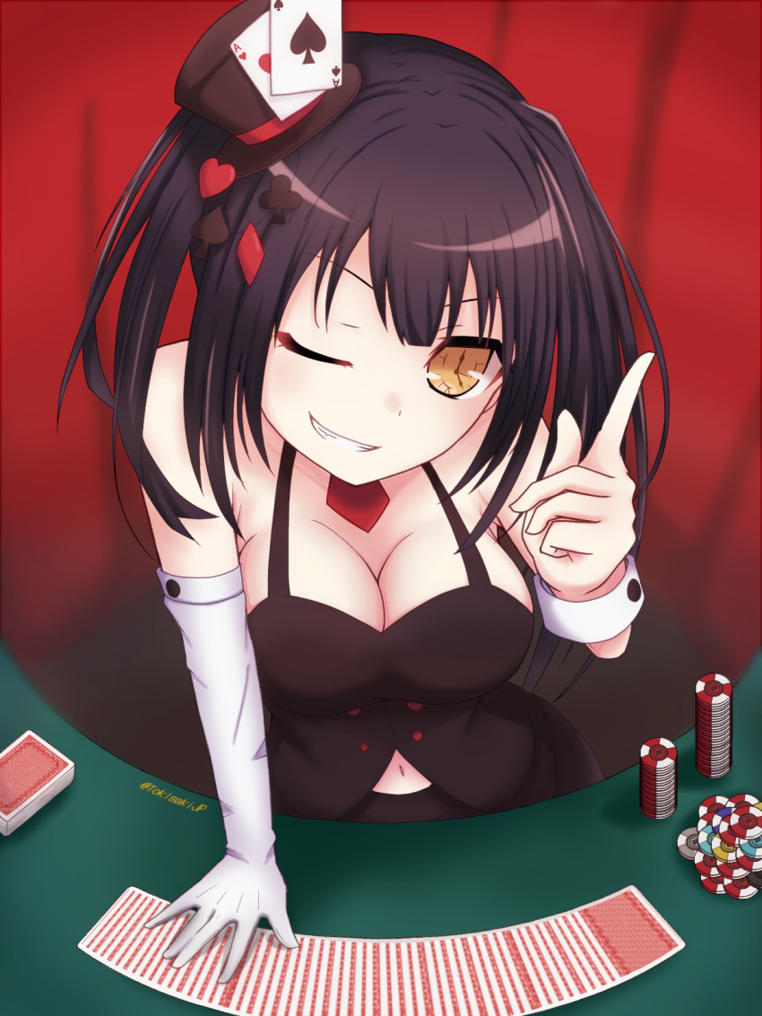 1girl, black_hair, breasts, card, clock_eyes, clubs, curtains, date_a_live