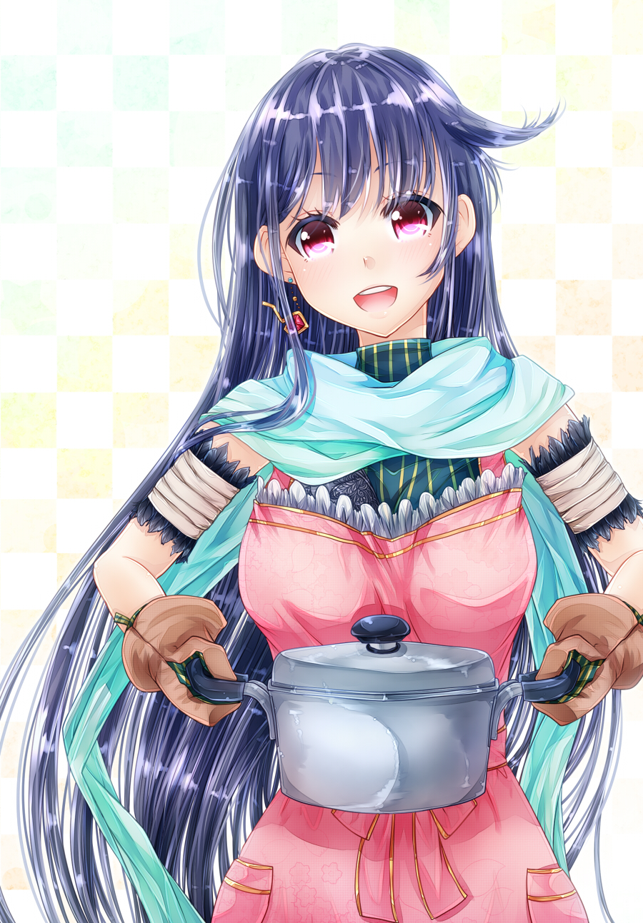 1girl, apron, atelier_(series), atelier_firis, blue_hair, earrings, feathers, gloves