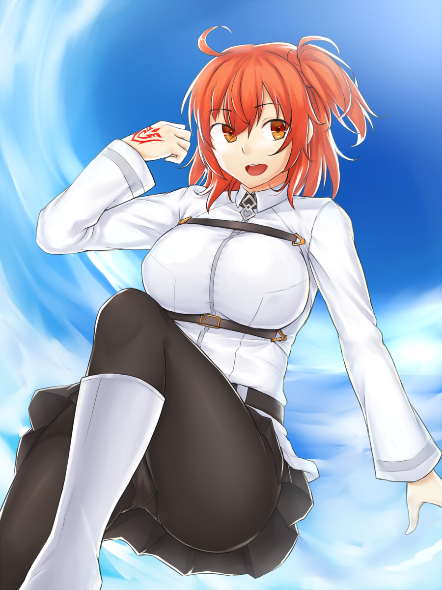 1girl, :d, ahoge, black_legwear, black_skirt, boots, breasts, brown_eyes