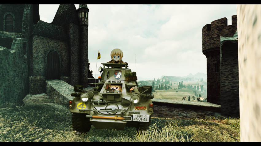2girls, assam, bangs, blonde_hair, blue_eyes, braid, castle, commentary