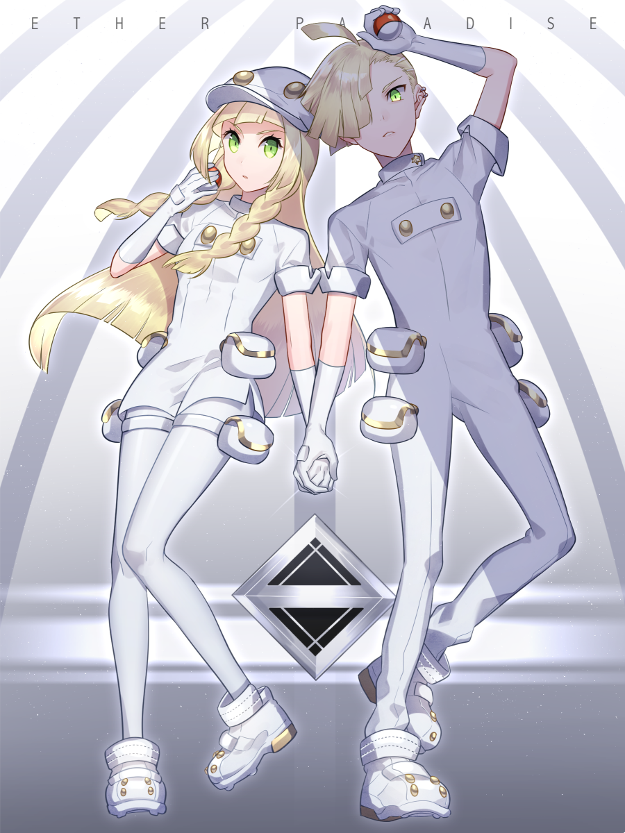 1boy, 1girl, aether_foundation_employee, aether_foundation_employee_(cosplay), blonde_hair, braid, brother_and_sister, cabbie_hat, cosplay, gladio_(pokemon), gloves, green_eyes, hair_over_one_eye, hand_holding, hat, highres, holding, holding_poke_ball, lillie_(pokemon), long_hair, miyamotokannn, poke_ball, pokemon, pokemon_(game), pokemon_sm, pouch, shoes, short_hair, short_sleeves, siblings, thigh_pouch, twin_braids, uniform, white_gloves, white_hat, white_legwear, white_shoes