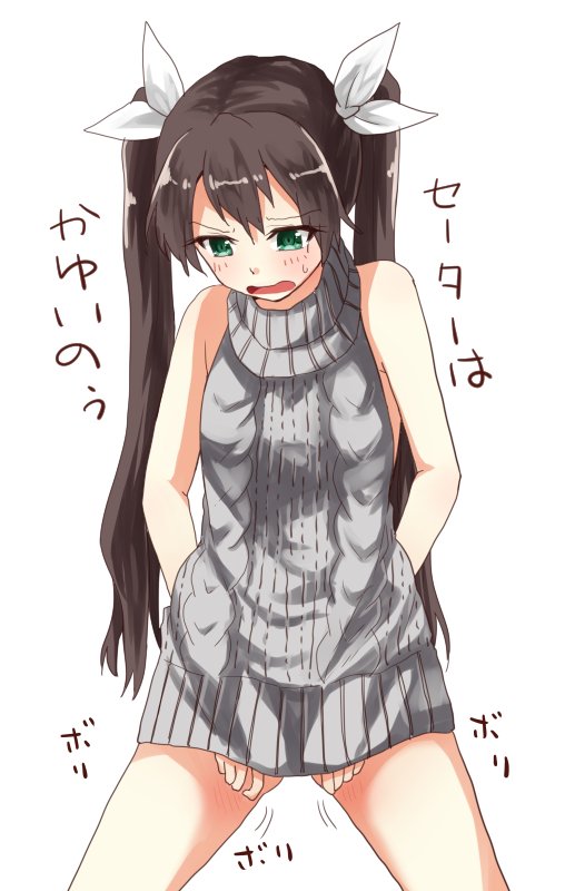 1girl, arai_harumaki, bare_shoulders, blush, brown_hair, commentary_request, green_eyes, hair_ribbon