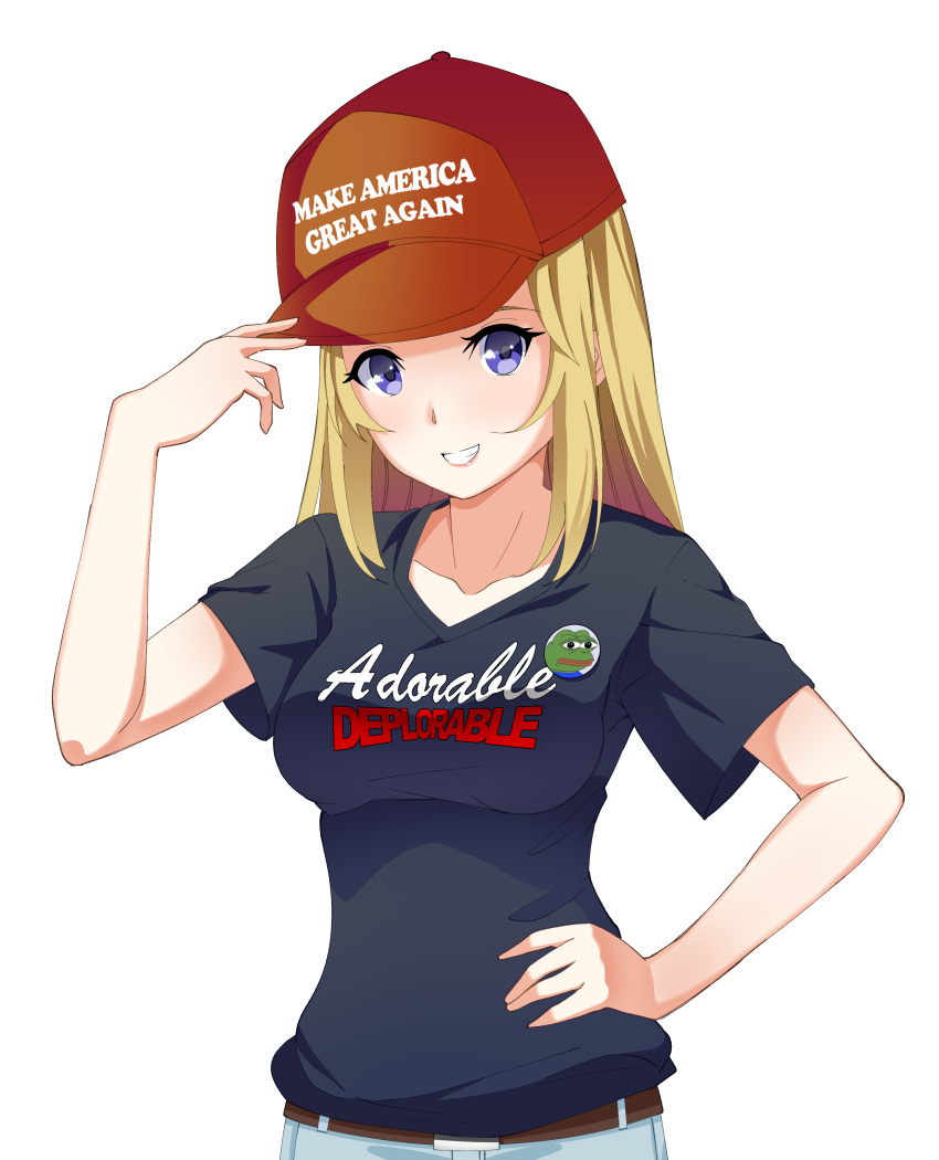 1girl, :d, \r\npepe_the_frog, absurdres, arm_up, badge, baseball_cap, belt