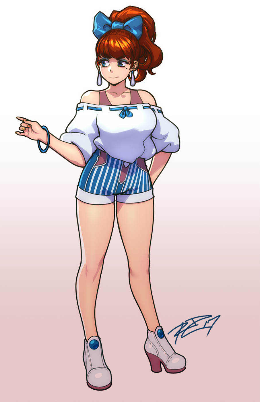 1girl, bangle, bare_legs, bare_shoulders, bliss_barson, blue_bow, blue_eyes, bow