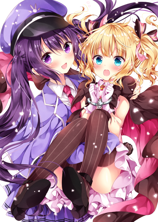 2girls, :d, aqua_eyes, bangs, bdsm, black_legwear, blonde_hair, blue_eyes