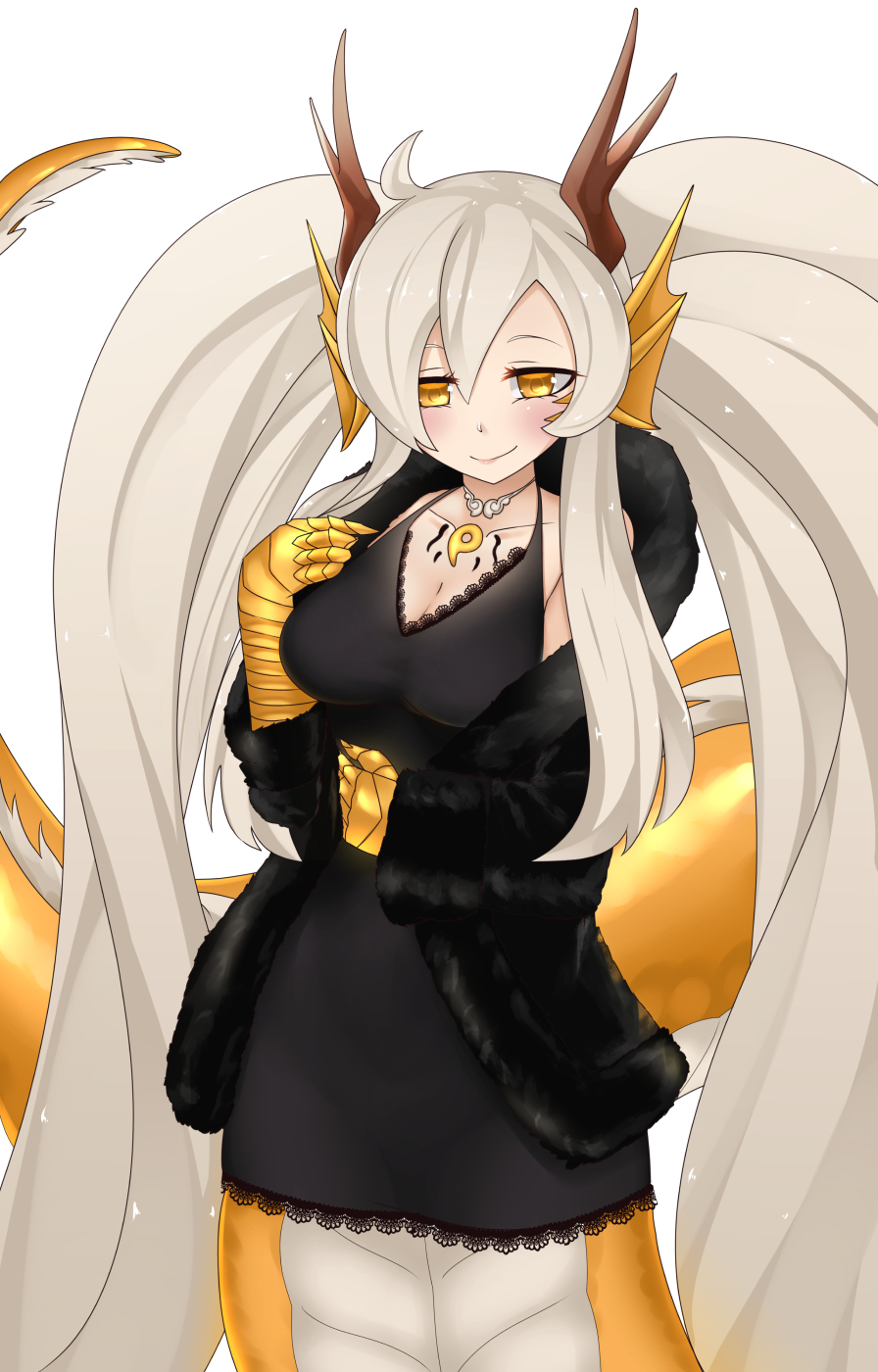 1girl, ahoge, black_dress, blush, breasts, collarbone, dragon, dragon_girl