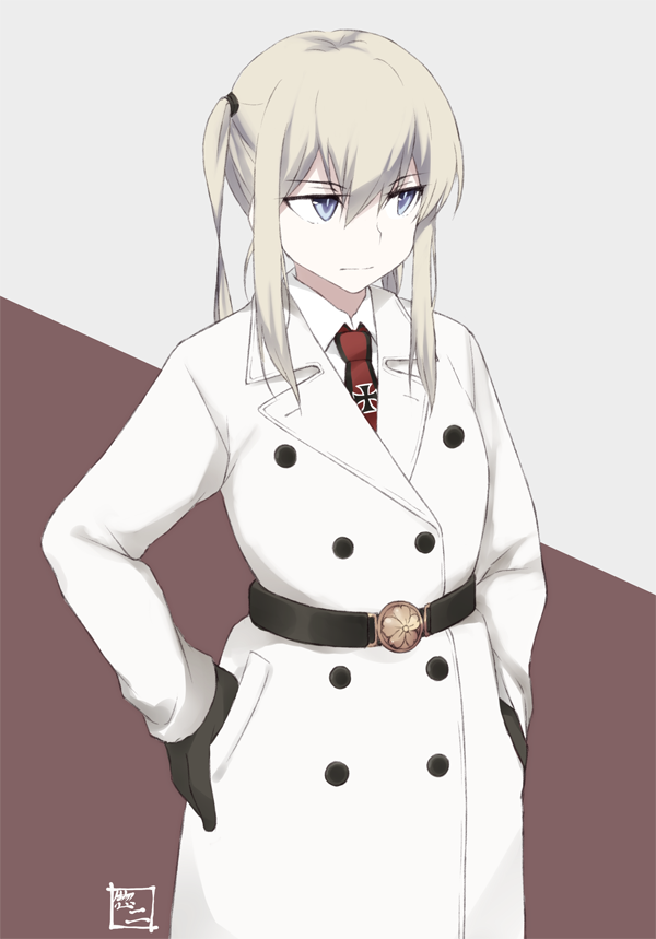 1girl, :|, bangs, belt, black_belt, black_gloves, blonde_hair, buttons