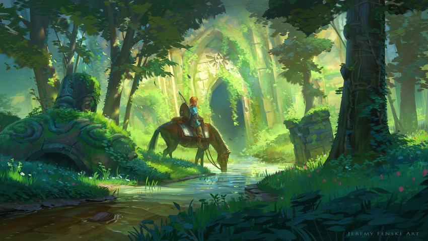 1boy, blonde_hair, bow_(weapon), drinking, highres, horse, jeremy_fenske, link, nature, plant, ponytail, riding, ruins, scenery, shield, solo, the_legend_of_zelda, the_legend_of_zelda:_breath_of_the_wild, tree, vines, weapon
