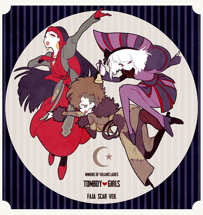 3girls, arm_up, black_hair, blue_eyes, brown_hair, character_name, circle, disney, disneyland, domu_(hamadura), dress, earrings, farja, gloves, jewelry, long_hair, multiple_girls, one_eye_closed, pantyhose, pretty_scar, purple_legwear, recruiters_(disney), red_eyes, red_gloves, veil_(disney), very_long_hair, white_hair