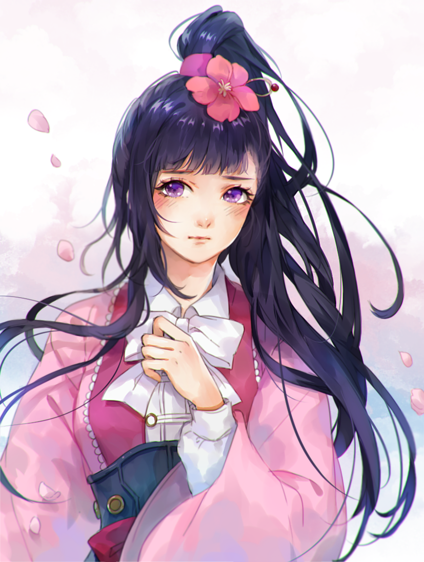 1girl, black_hair, blush, bow, closed_mouth, collared_shirt, flower, hair_flower, hair_ornament, hand_on_own_chest, high_ponytail, japanese_clothes, kimono, koutetsujou_no_kabaneri, long_hair, long_sleeves, looking_at_viewer, petals, pink_kimono, ponytail, red_flower, ruuto-kun, shirt, solo, violet_eyes, white_bow, white_shirt, wide_sleeves, wing_collar, yomogawa_ayame