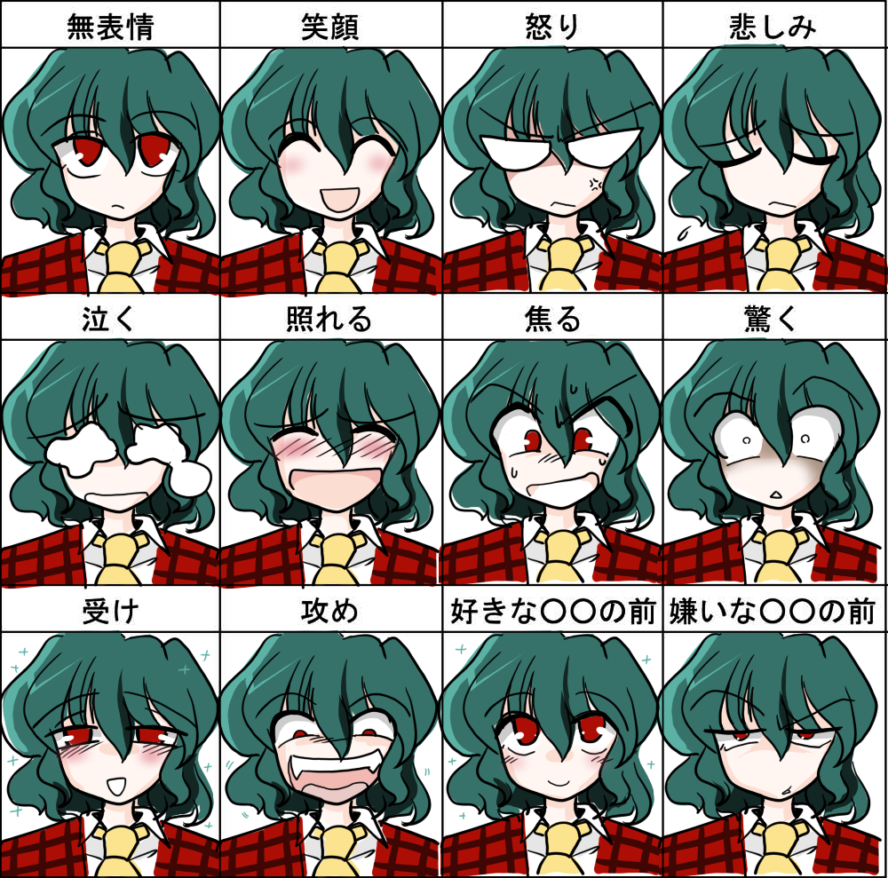 ^_^, anger_vein, ascot, chart, closed_eyes, expressions, fangs, green_hair