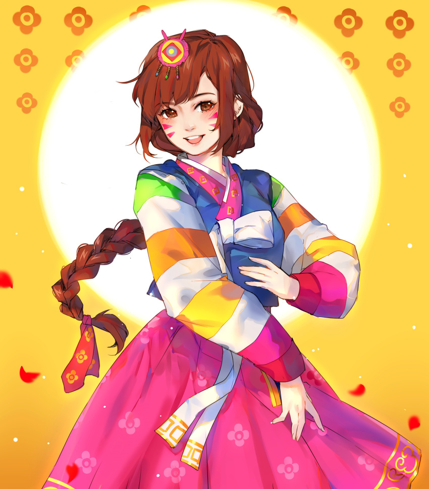 1girl, absurdres, alternate_costume, blush, braid, brown_eyes, brown_hair, chinese_new_year