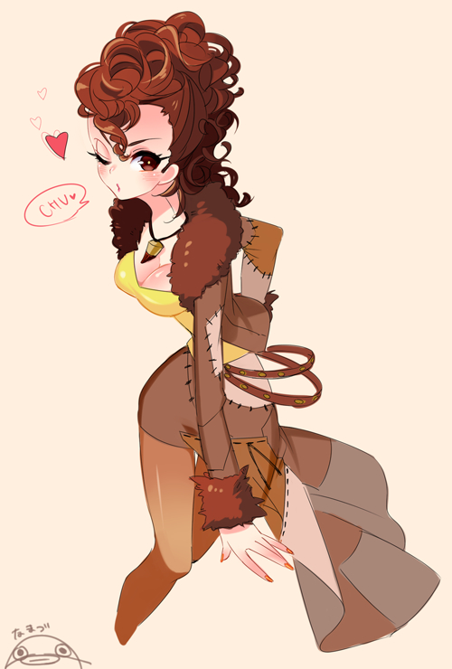 >;o, 1girl, \||/, bangs, beige_background, belt, breasts, brown