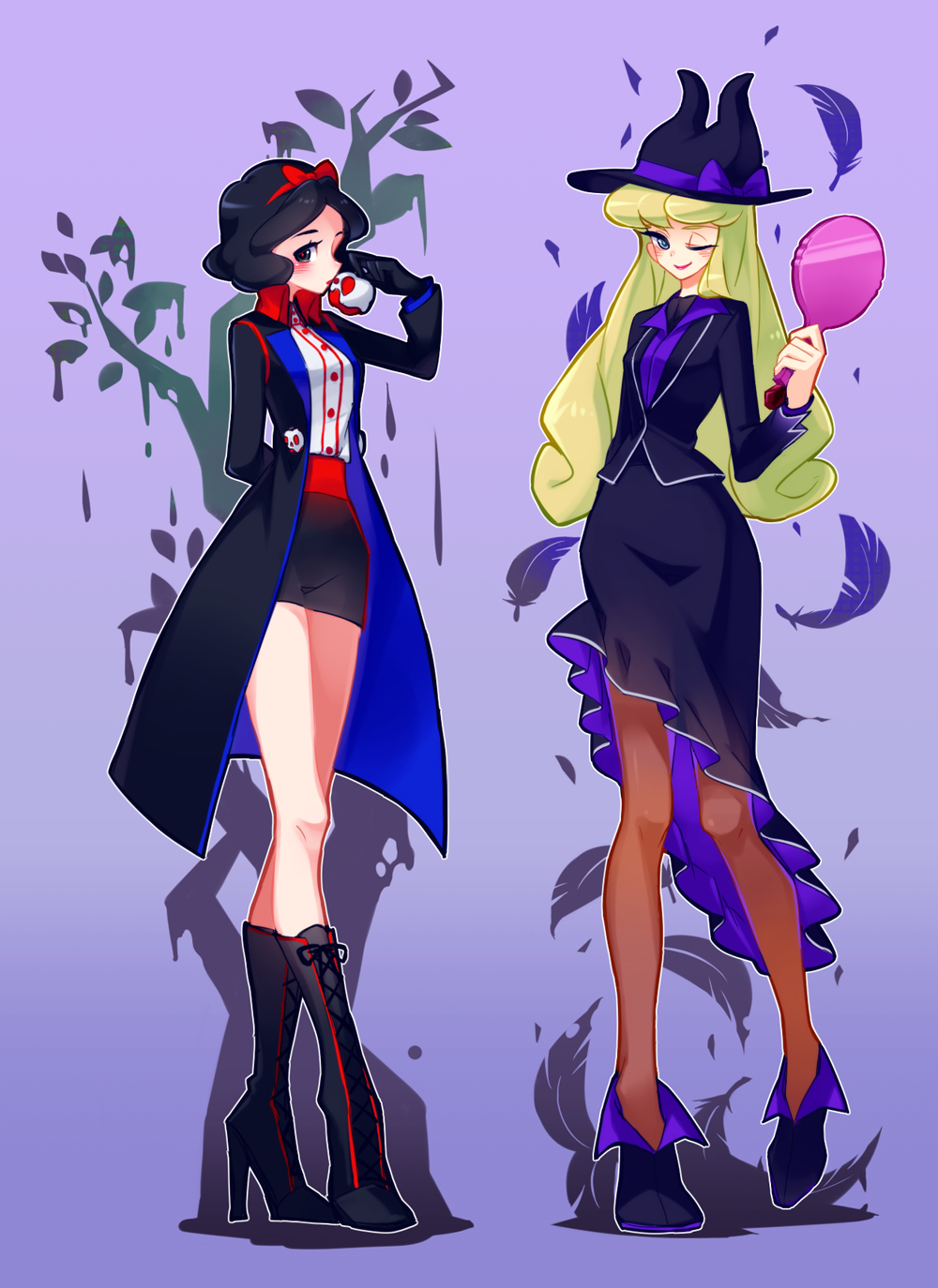2girls, ;), adapted_costume, ankle_boots, apple, apple_poison, apple_poison_(cosplay), arm_behind_back, aurora_(disney), bangs, black_boots, black_coat, black_eyes, black_gloves, black_hair, black_hat, black_jacket, black_skirt, blonde_hair, blue_eyes, boots, bow, breasts, brown_legwear, closed_mouth, collared_shirt, cosplay, cross-laced_footwear, disney, disney_princess, eyelashes, feathers, food, fruit, full_body, gloves, gradient, gradient_background, hand_mirror, hat, hat_bow, hat_ribbon, high_heel_boots, high_heels, highres, holding, holding_fruit, holding_mirror, horns, jacket, kiss, lace-up_boots, legs_crossed, lipstick, long_sleeves, looking_at_viewer, makeup, marfie, marfie_(cosplay), medium_breasts, miniskirt, mirror, multiple_girls, namazu_(dc_27546), one_eye_closed, pantyhose, pencil_skirt, purple_background, purple_boots, purple_bow, purple_ribbon, purple_shirt, recruiters_(disney), red_lips, ribbon, shirt, short_hair, silhouette, skirt, sleeping_beauty, sleeping_beauty_(disney), smile, snow_white, snow_white_(disney), snow_white_and_the_seven_dwarfs, snow_white_and_the_seven_dwarfs_(disney), standing