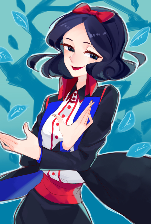 1girl, apple_poison, apple_poison_(cosplay), aqua_background, bangs, black_eyes, black_hair, bow, breasts, closed_mouth, coat, cosplay, disney, eyelashes, fingernails, hair_bow, leaf, lipstick, long_sleeves, looking_at_viewer, makeup, namazu_(dc_27546), outline, pose, recruiters_(disney), red_bow, red_lips, sash, short_hair, small_breasts, snow_white, snow_white_(disney), snow_white_and_the_seven_dwarfs, snow_white_and_the_seven_dwarfs_(disney), solo, upper_body