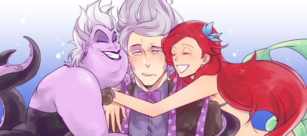 1boy, 2girls, 8-foot_joe, ariel_(disney), disney, disneyland, girl_sandwich, hug, ichihara_dai, mermaid, mole, mole_under_mouth, monster_girl, multiple_girls, purple_skin, recruiters_(disney), redhead, sandwiched, scylla, the_little_mermaid, ursula_(disney)