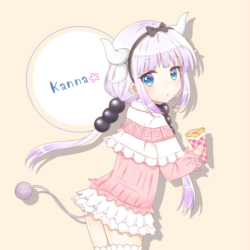 1girl, bangs, beads, black_bow, black_hairband, blouse, blue_eyes, blunt_bangs, blush, bow, capelet, character_name, chobi_(chan_key), cowboy_shot, crepe, dragon_girl, dragon_horns, dress, eyebrows_visible_through_hair, food, frilled_capelet, frills, from_side, gothic_lolita, gradient, gradient_hair, hair_beads, hair_bow, hair_ornament, hairband, holding, holding_food, horns, kanna_kamui, kobayashi-san_chi_no_maidragon, lavender_hair, legs_together, lolita_fashion, long_hair, long_sleeves, looking_at_viewer, low_twintails, microdress, multicolored_hair, purple_hair, solo, standing, tail, thigh-highs, twintails, white_hair, white_legwear
