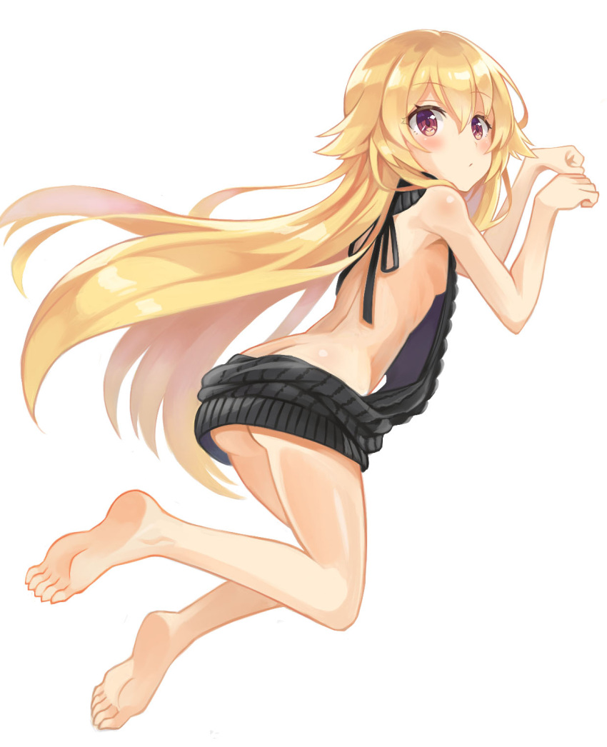 1girl, aran_sweater, ass, back, backless_outfit, bangs, bare_arms, bare_back, bare_legs, bare_shoulders, barefoot, black_sweater, blush, breasts, brown_eyes, butt_crack, closed_mouth, dress, eyebrows_visible_through_hair, feet, from_behind, full_body, hair_between_eyes, hair_flaps, halterneck, highres, jumping, long_hair, looking_at_viewer, naked_sweater, open-back_dress, original, paw_pose, ribbed_sweater, sideboob, simple_background, small_breasts, soles, solo, sweater, sweater_dress, turtleneck, turtleneck_sweater, very_long_hair, virgin_killer_sweater, white_background, xuan_chu
