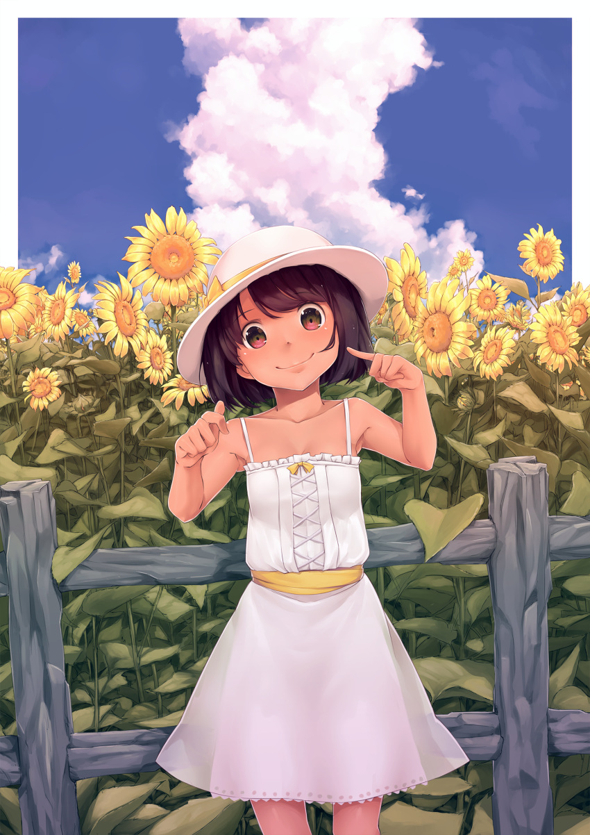 1girl, brown_eyes, clouds, cowboy_shot, dress, eleaclarisse, fence, flower