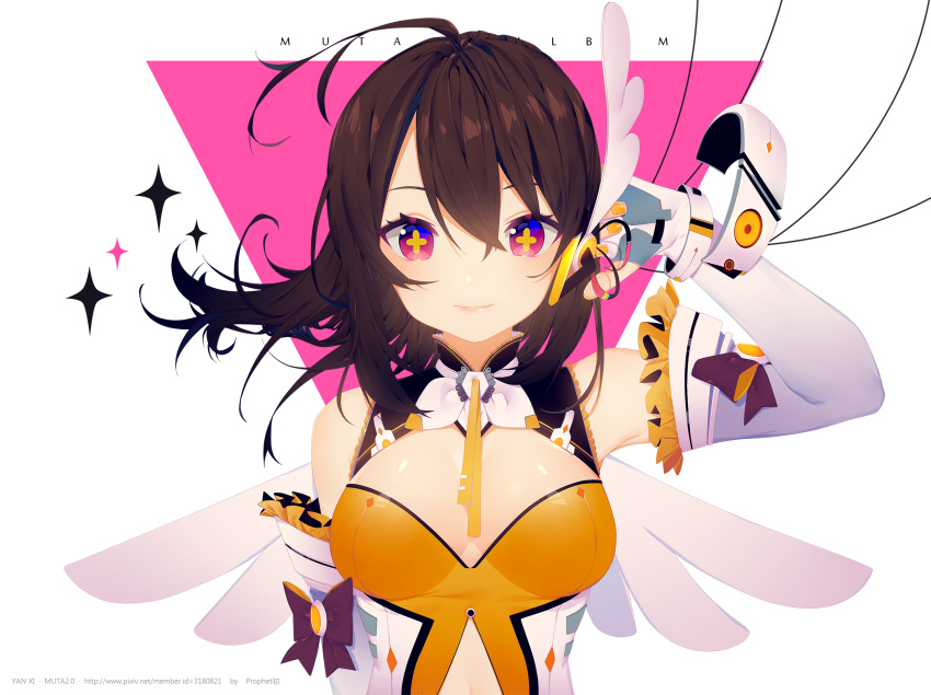 +_+, 1girl, ahoge, artist_name, bangs, bare_shoulders, between_breasts, black_hair