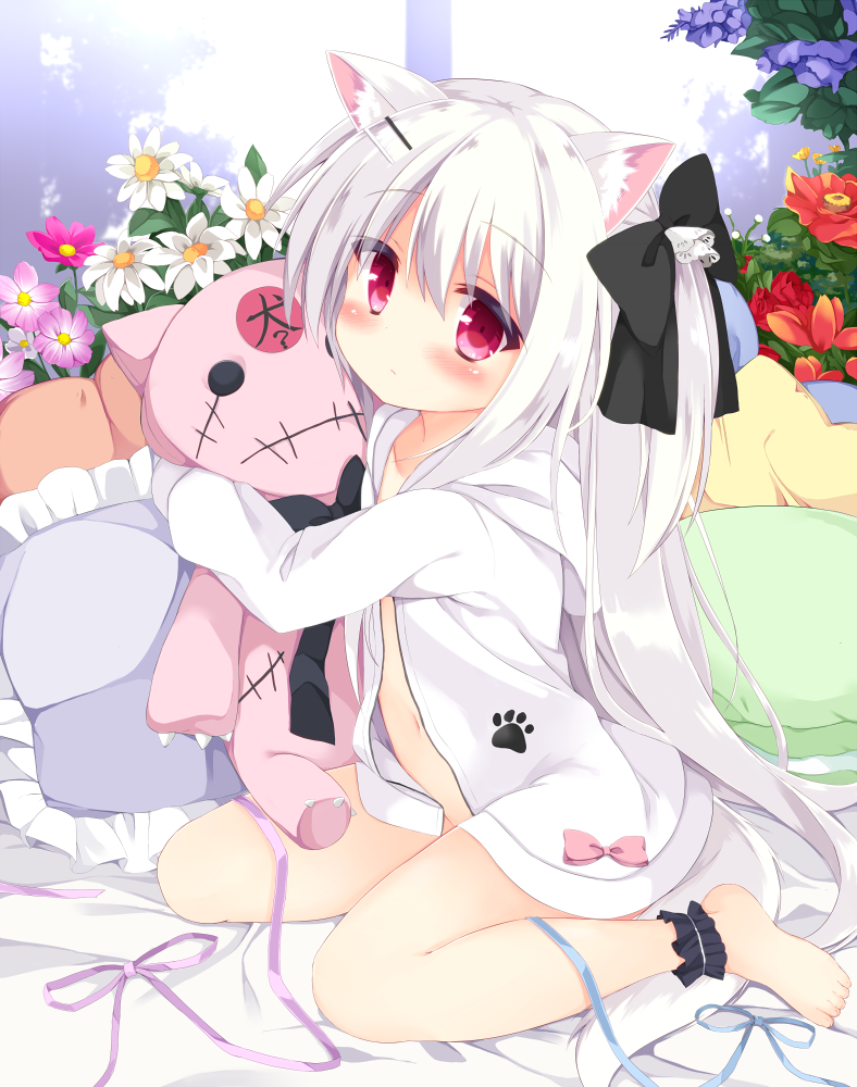 1girl, animal_ears, ankle_cuffs, barefoot, black_ribbon, blush, dan_ball, dog_ears