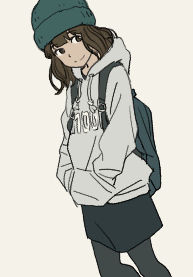 1girl, backpack, bag, beanie, black_legwear, black_skirt, brown_eyes, brown_hair