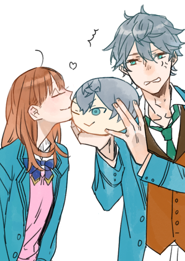 1boy, 1girl, anger_vein, anzu_(ensemble_stars!), blazer, blue_eyes, bow, cardigan, closed_eyes, ensemble_stars!, green_necktie, grey_hair, holding, jacket, kiss, merchandise, necktie, omanjuu, omu_the_rice_(mgmggat), school_uniform, sena_izumi_(ensemble_stars!), simple_background, white_background