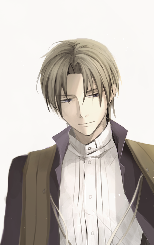 1boy, brown_hair, closed_mouth, heshikiri_hasebe, looking_to_the_side, male_focus, simple_background, solo