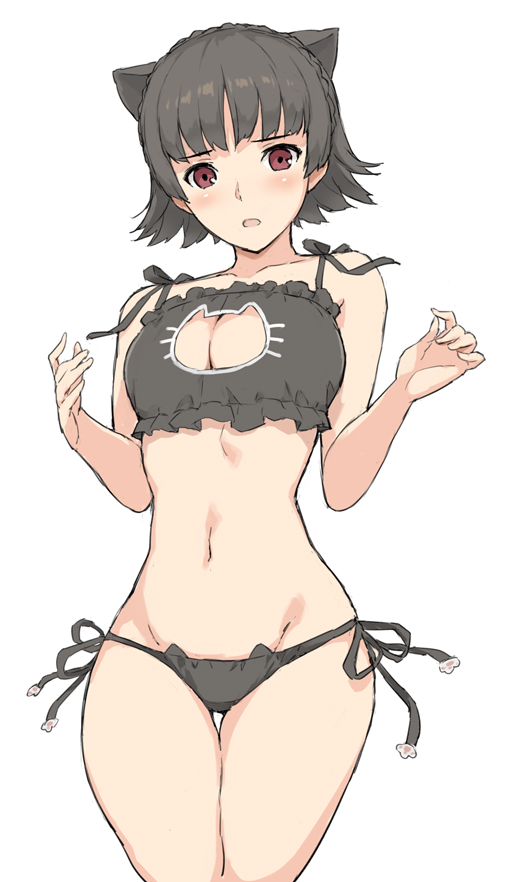 1girl, animal_ears, bell, bell_choker, black_bra, black_hair, black_panties, blush