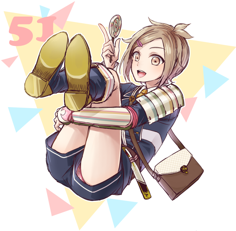 1boy, :d, armor, bag, brown_eyes, brown_hair, candy, fetal_position
