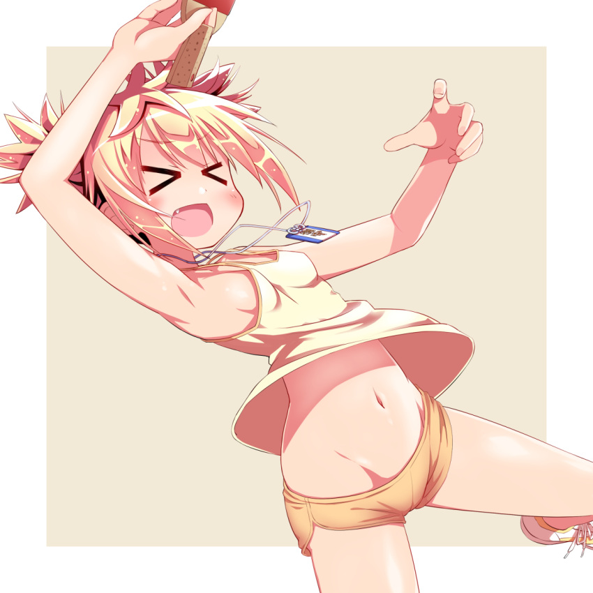 >_<, 1girl, blonde_hair, blush, breasts, chihaya_72, closed_eyes, fang