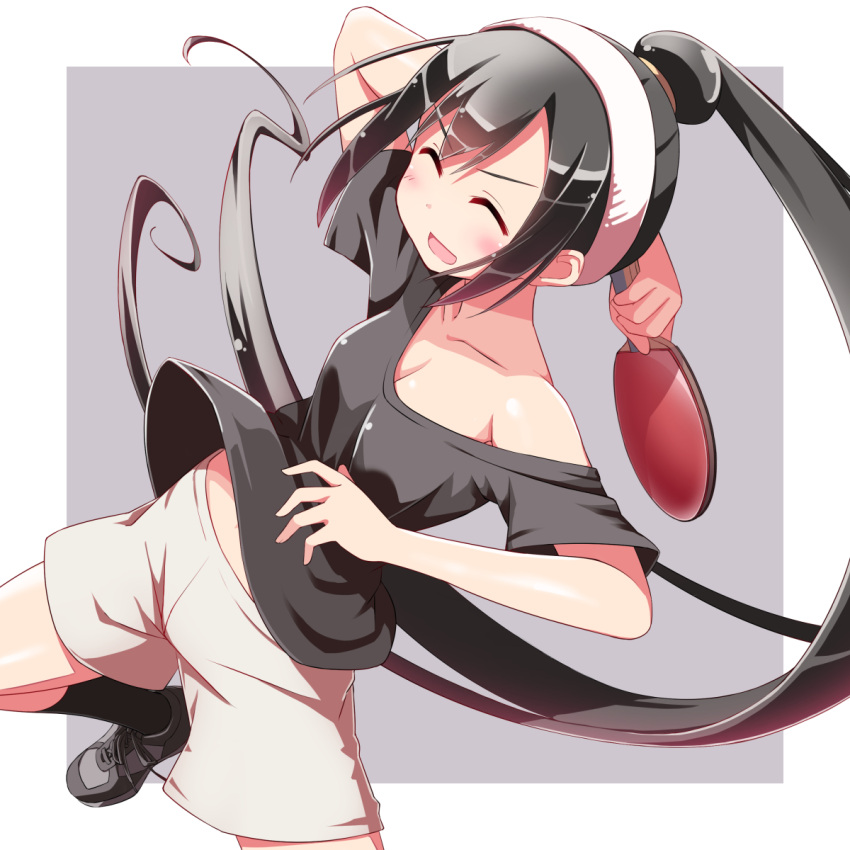 1girl, arm_up, black_hair, blush, chihaya_72, closed_eyes, hairband, highres