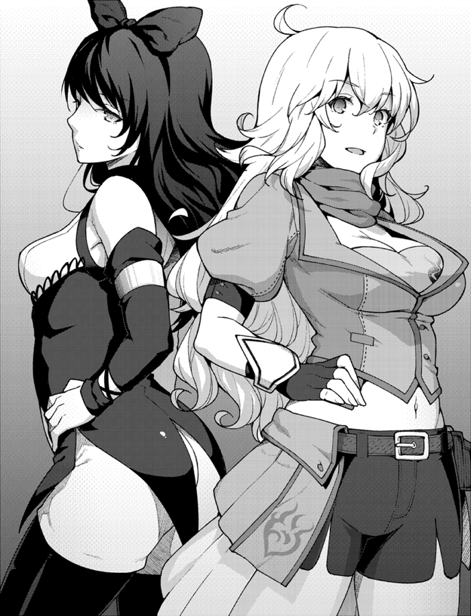 2girls, ahoge, armpit_peek, ass, back-to-back, bangs, bare_shoulders, black_dress