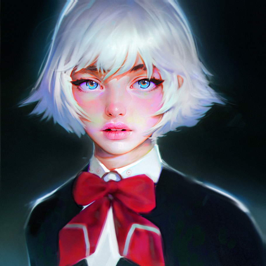 1girl, blue_eyes, bob_cut, chromatic_aberration, ilya_kuvshinov_(style), irakli_nadar, lips, looking_at_viewer