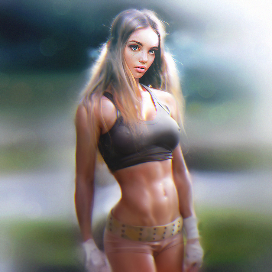 1girl, abs, bare_shoulders, belt, breasts, brown_hair, cowboy_shot, day
