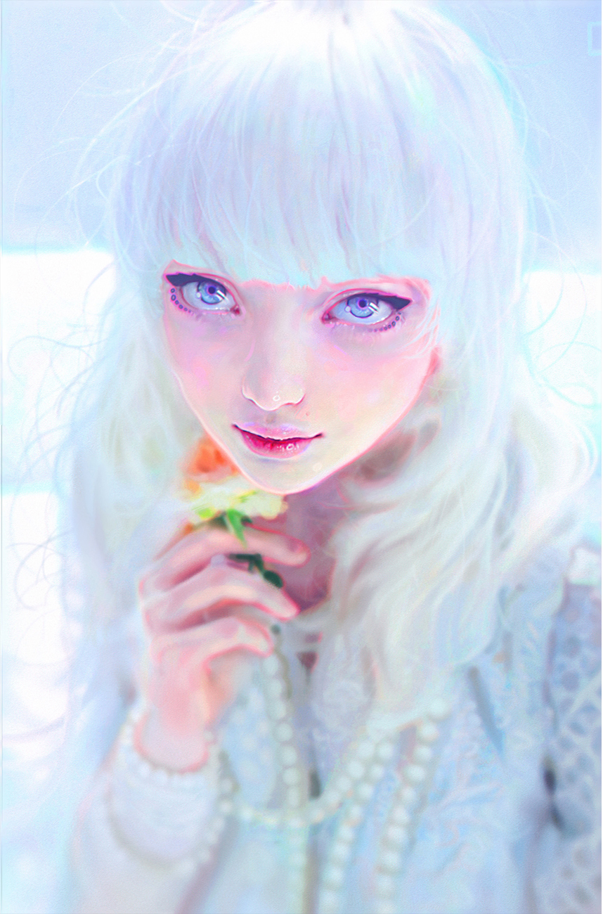 1girl, bangs, blue_eyes, blunt_bangs, chromatic_aberration, commentary, flower, highres