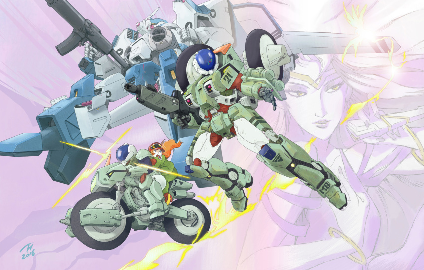 1girl, 2016, 3boys, beam_rifle, dated, energy_gun, energy_weapon, gloves