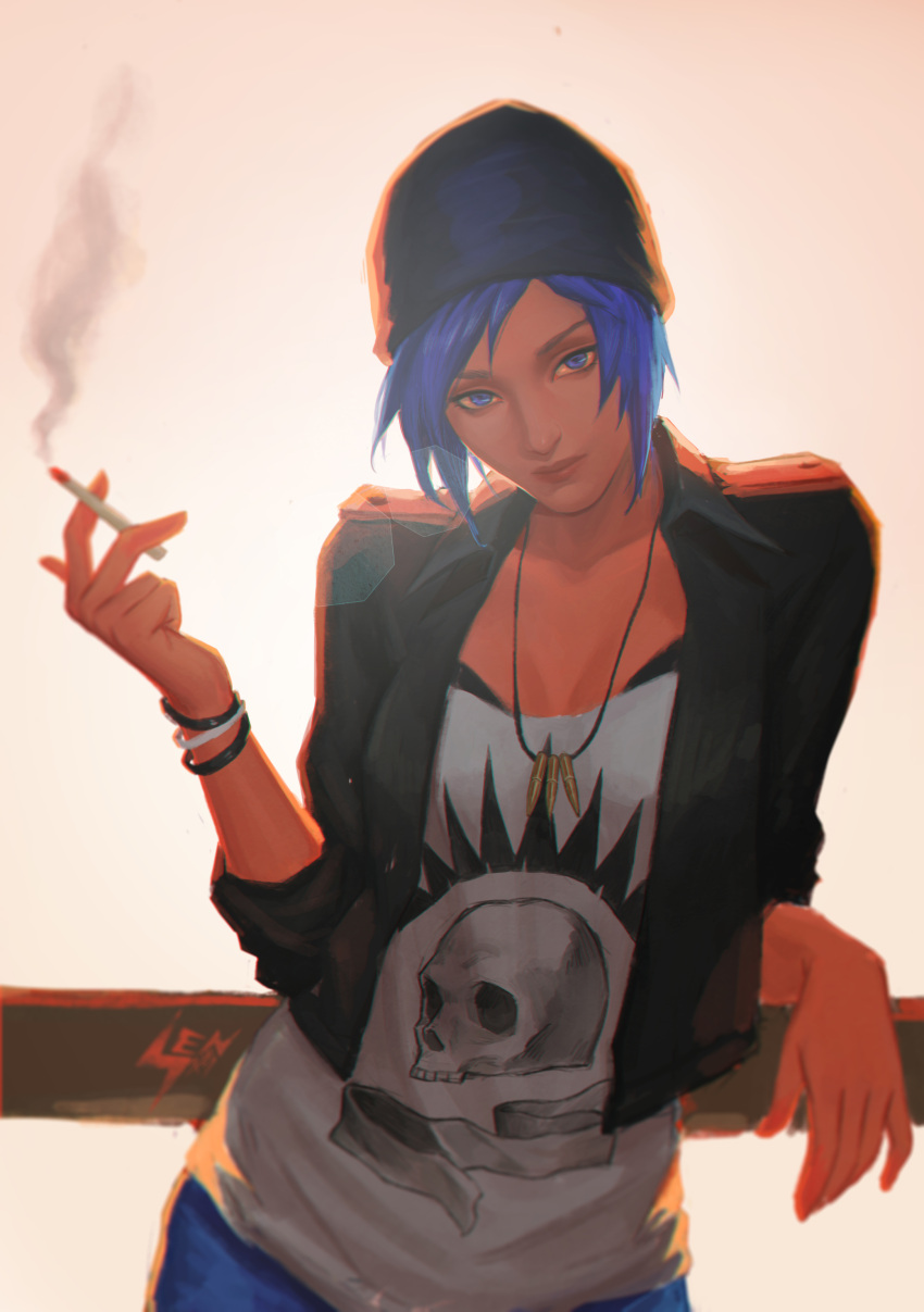1girl, absurdres, blue_eyes, blue_hair, bracelet, breasts, chloe_price, cigarette