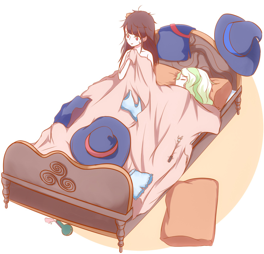 2girls, akko_kagari, bed, commentary_request, diana_cavendish, hat, highres, little_witch_academia