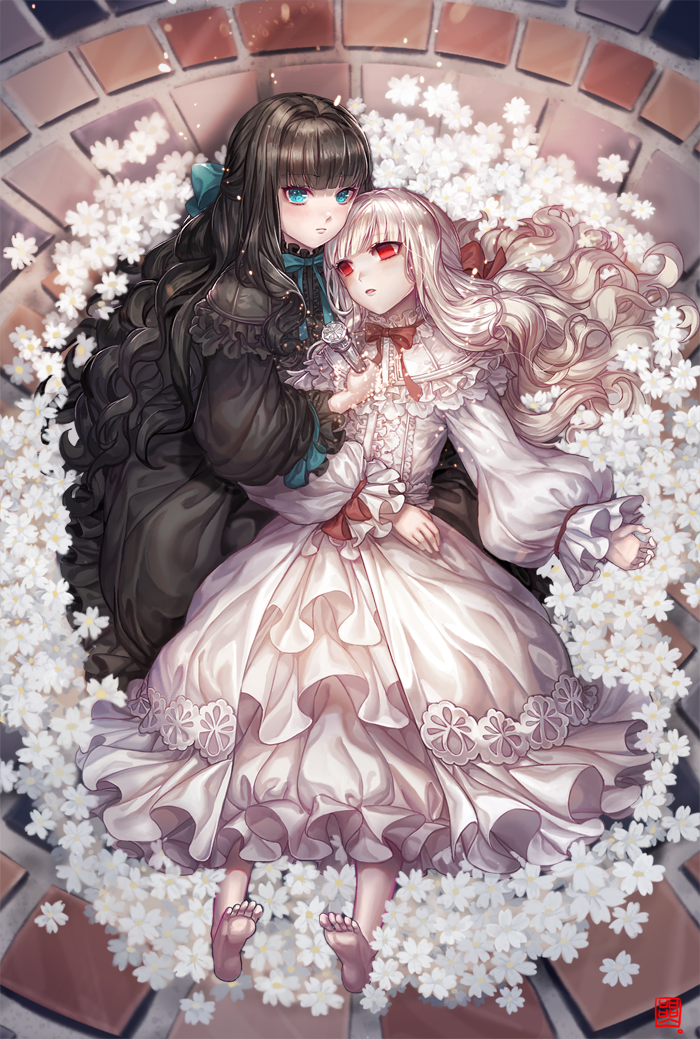 2girls, aqua_ribbon, bangs, barefoot, black_dress, black_hair, blank_eyes, blonde_hair
